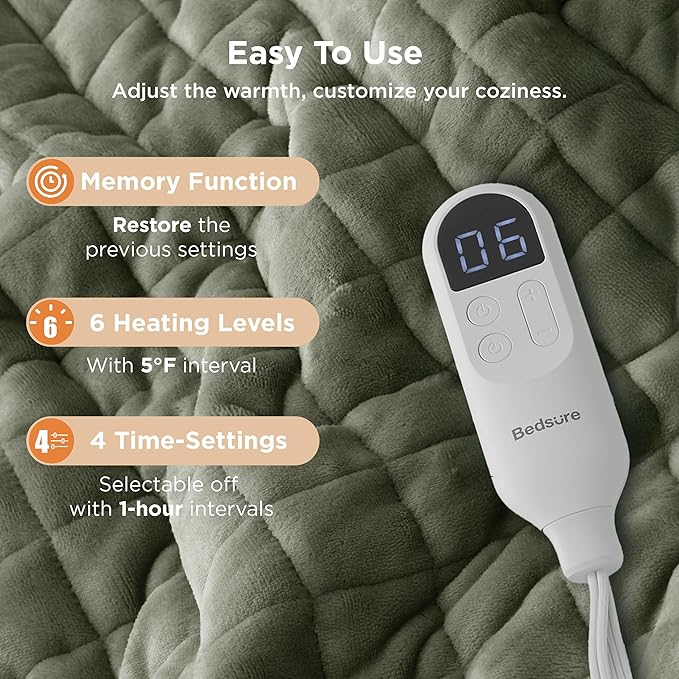 Bedsure Heated Blanket Throw Blanket - Quilted Electric Blanket, Soft Flannel Thick Heating Blanket with 4 Time Settings & 6 Heating Settings, Warm Gifts for Women Men (50x60 inches, Olive Green)