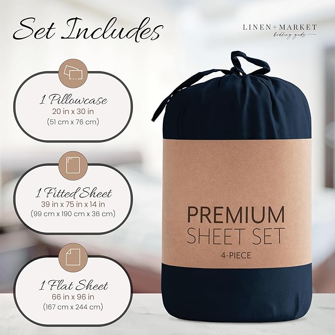 Linen Market Bed Sheets for Twin Size Bed (Navy) - Sleep Better Than Ever with These Soft and Cooling Twin Sheets - Deep Pocket Fits 16" Thick Beds - 3 Piece Twin Sheet Set