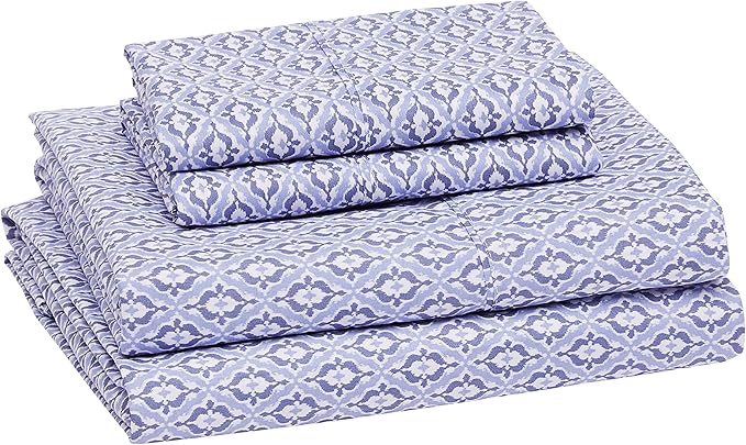 Amazon Basics Lightweight Super Soft Easy Care Microfiber 4 Piece Bed Sheet Set With 14" Deep Pockets, Queen, Blue Damask, Printed