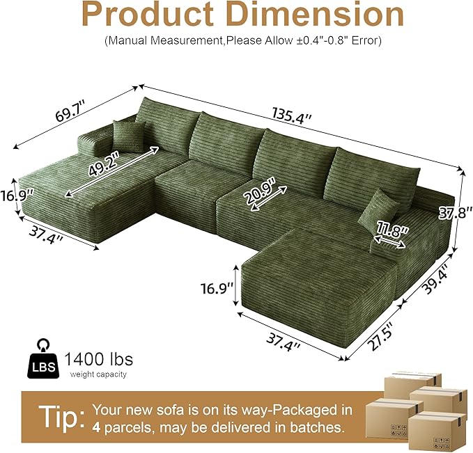 136" Sectional Couches for Living Room Modern Modular Sofa with L-Shape Couchs Upholstered Boneless Couch Deep Seat Sectional Couch with Chaise (Green, Left Facing Chaise+3Seaters+Ottoman)