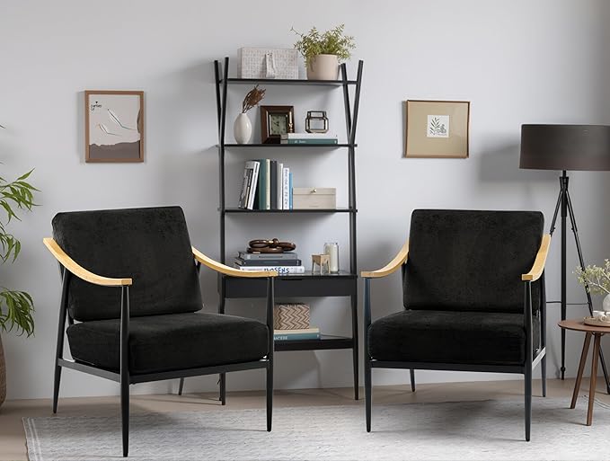 Modern Accent Chairs Set of 2 for Living Room Bedroom Mid Century Arm Chairs Upholstered Office Accent Chairs Comfy Waiting Room Chairs with Metal Frame, Black