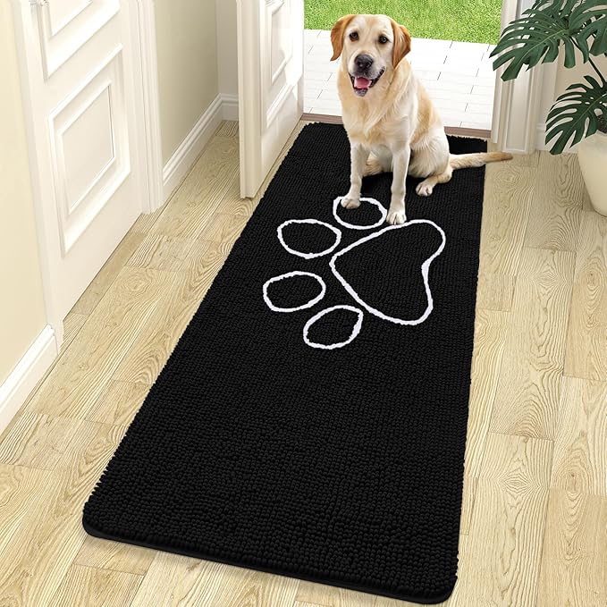 OLANLY Dog Door Mat for Muddy Paws 70x24, Paw Print Design, Absorbs Moisture and Dirt, Absorbent Non-Slip Washable Doormat, Quick Dry Chenille Mud Mat for Dogs, Entry Indoor Entryway Carpet, Black