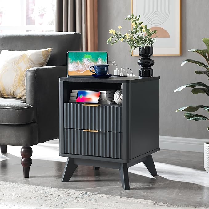 T4TREAM Fluted Nightstand Set of 2 with Charging Station, 18" Modern SideTable with Faux Marble Top, 2 Drawer End Table w/Storage, Bedside Table for Bedroom, Living Room, Curved Profile, Dark Grey