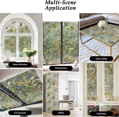 Rainbow Window Privacy Film with Tools, 3D Stained Glass Window Film, Spring & Autumn Leaves, 16.93" x 118.11"(43X300CM)
