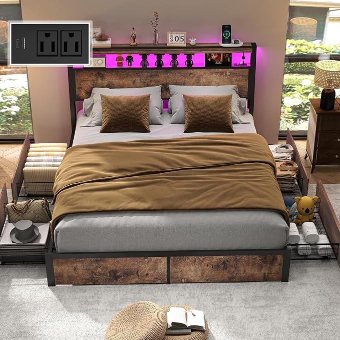 Full Size Bed Frame with 4 Storage Drawers and Headboard with Charging Station and LED Lights,2 Tier Solid Wood Headboard Storage,Noise Free, No Box Spring Needed/Remote/Vintage Brown