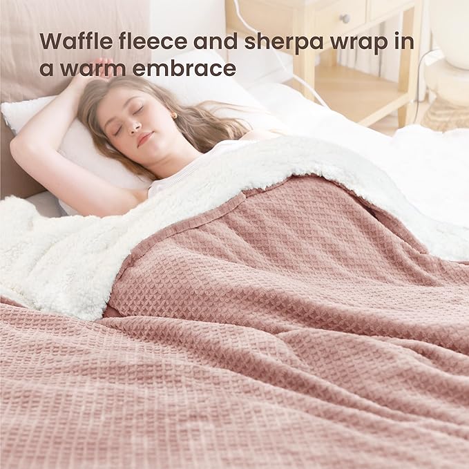 Heated Blanket Electric Blanket Full Waffle,72x84 Inches Sherpa Fleece Fast Heating Blanket 6 Heating Levels & 10 Hours Auto Off ETL Certification,Pink Full