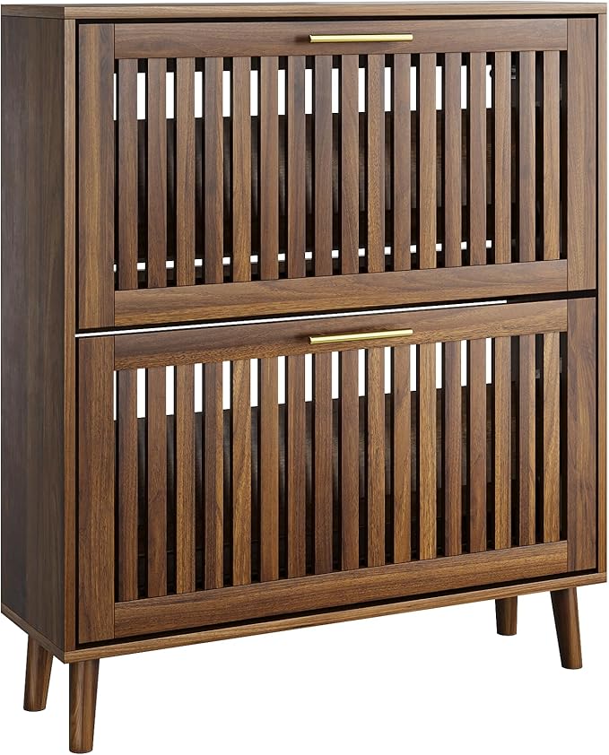 Vibe & Dine Shoe Cabinet with 2 Flip Drawers, Narrow Shoe Rack with Gold Handles, Free Standing Shoe Storage Cabinet for Entryway Slim, Wood Shoe Organizer Cabinet for Hallway, Bedroom, Walnut