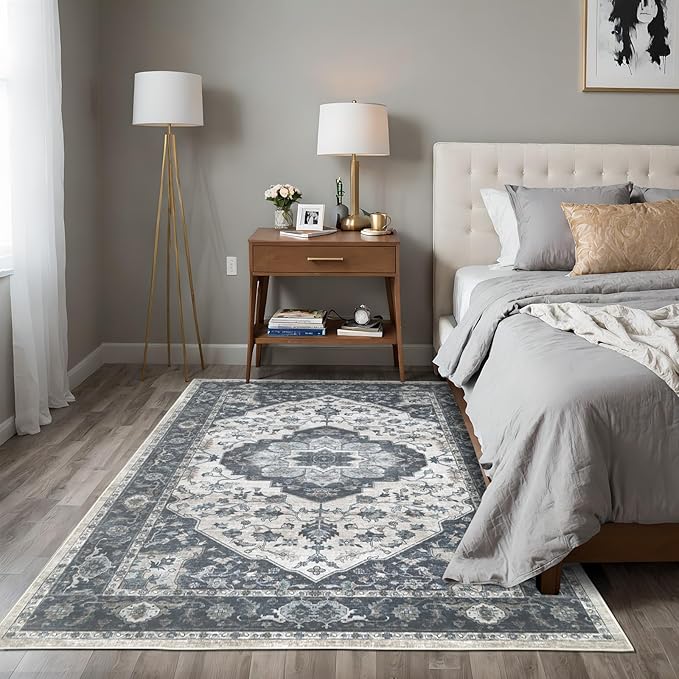 4x6 Vintage Washable Area Rug for Living Room,Low Pile Non Slip Carpet Non-Shedding Small Area Rug Soft Indoor Stain Resistant Rug Floral Print Mat for Bedroom Dining Room Blue Beige