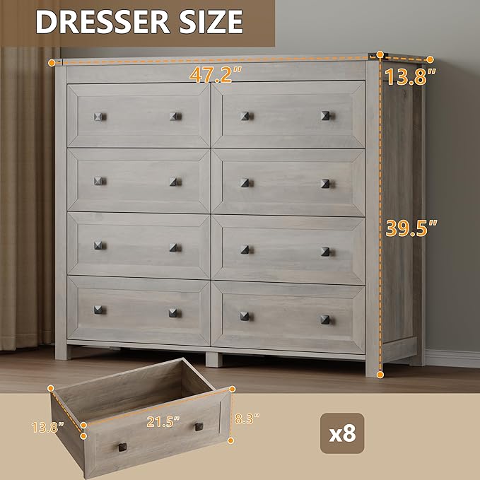 Tall 8-Drawer Dresser, Modern Wooden Storage Chest of Drawers, Dresser TV Stand, Wood Drawer Organizer with Metal Handles for Bedroom, Living Room, Hallway