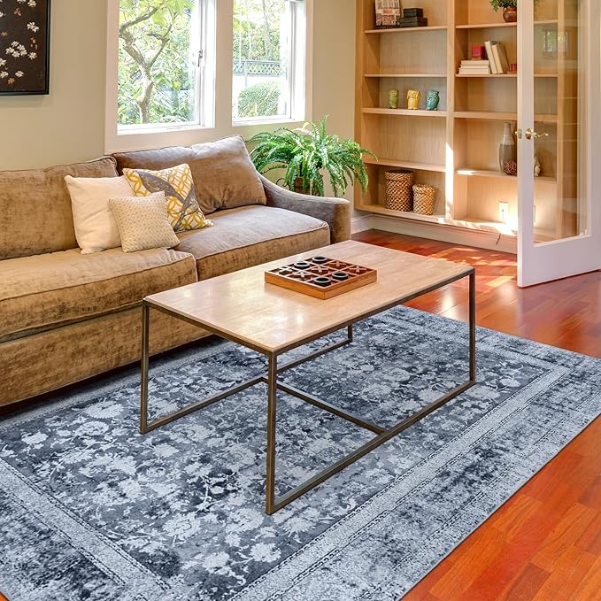 Area Rug 5×7, Vintage Boho Rug,Ultra-Soft Low Pile, Washable, Non Slip,Stain Resistant Printed Carpet for Living Room Bedrooms Playroom Office Kitchen, Stone/Blue