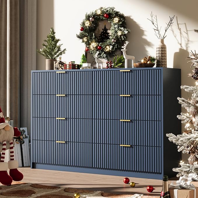Navy Dresser for Bedroom, 8 Drawer Double Dresser, Modern Chest of Drawers for Bedroom, Living Room, Entryway and Closet, 55" L x 15.7" D x 37.4" H