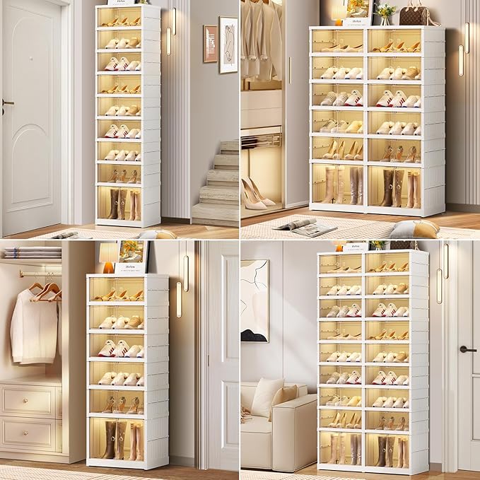6-Tier Foldable Shoe Rack Organizer for Closet 24Pairs Plastic Shoe Shelf Collapsible Shoes Storage Box Clear Shoe Boxes Stackable with Door Easy Assembly Shoe Cabinet with Lids Large