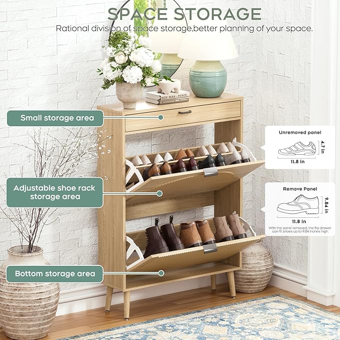 Yechen Shoe Storage Cabinet with 2 Flip Drawers& 1 Small Drawer, Slim Entryway Shoe Organizer with Fluted Wavy Doors for Hallway,Natural Oak