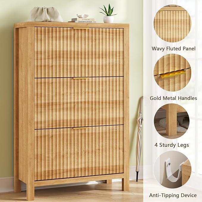 Shoe Cabinet Storage for Entryway, Fluted Shoe Cabinet with 3 Flip Drawers, Hidden Shoe Rack Tall Freestanding Shoe Organizer with Legs for Hallway, Oak