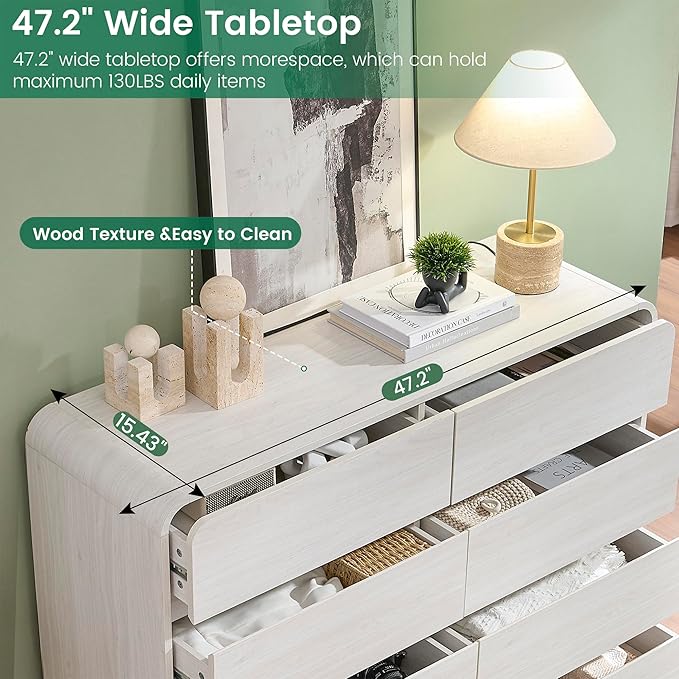 47’’ Wide Dresser with 8 Drawers, White Chest of Drawers with Deep Drawers & Handleless, Wooden Storage Organizer for Bedroom, Living Room, Hallway