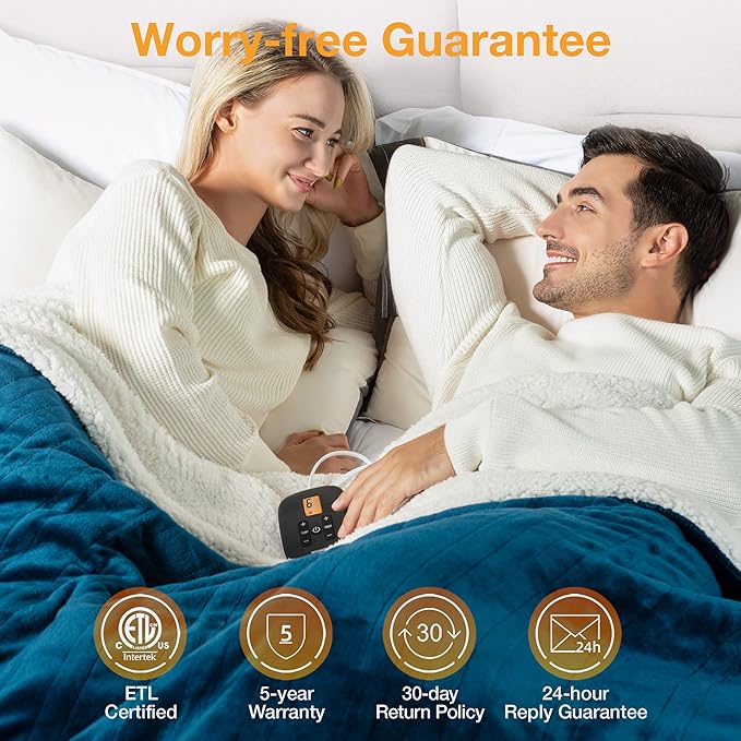 WOOMER [5-Year Warranty] Electric Blanket Full Size,Durable Flannel and Soft Sherpa,Dual Control,77”×84” Heated Throw Blanket, 10 Heat Levels&0.5-12h auto-Off,Energy Efficient,ETL Certified
