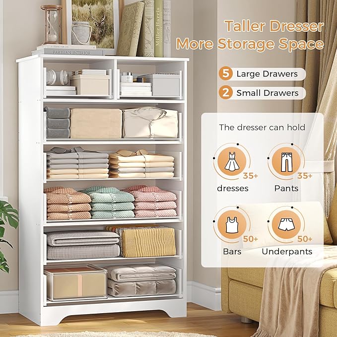 Hasuit Tall Dresser for Bedroom, White Large Chest of Drawers, 55.6'' High Dressers with 7 Drawers, Modern Wooden Vertical Storage Clothes Closet Organizer