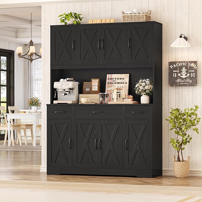 HOSTACK 71" Tall Kitchen Pantry Storage Cabinet with Charging Station, 55" Wide Kitchen Hutch Cabinet with Large Countertop, Farmhouse Food Pantry with Drawers for Living Room (Black Wood Grain)