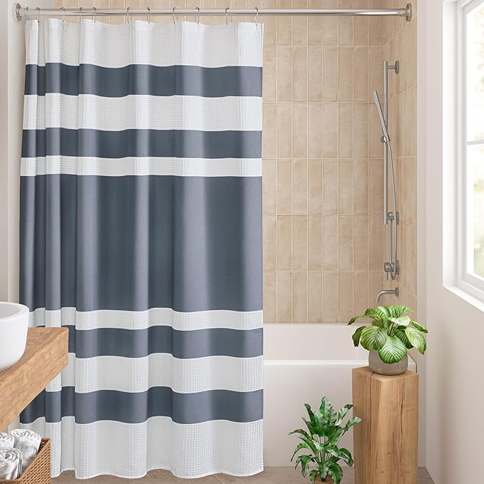 Madison Park Shower Curtain Spa Waffle Weave Wide Shower Curtain for Bathroom 3M Scotchgard Moisture Management, Spa Quality Modern Shower Curtains for Bathroom, Extra Width: 108"x72" Indigo Blue