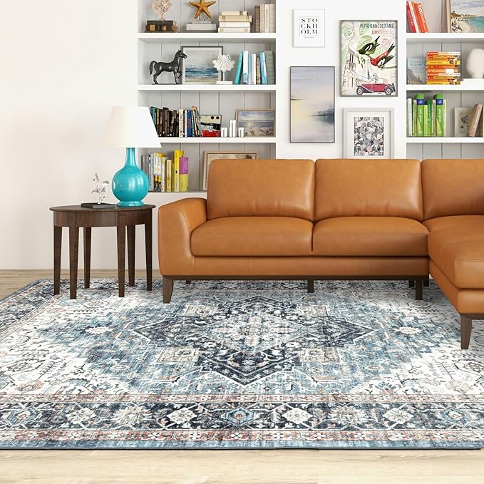 Area Rug 6×9, Large Vintage Boho Rug,Ultra-Soft Low Pile, Washable, Non Slip,Stain Resistant, Printed Carpet for Living Room Bedrooms Playroom Office Kitchen, Blue/Navy