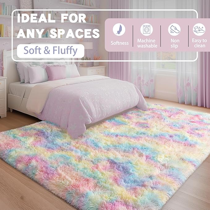 Fluffy Rainbow Rug for Bedroom Girls, 6x9 Cute Colorful Shag Rug for Kids Room, Soft Fuzzy Shaggy Rugs for Living Room Home Decor