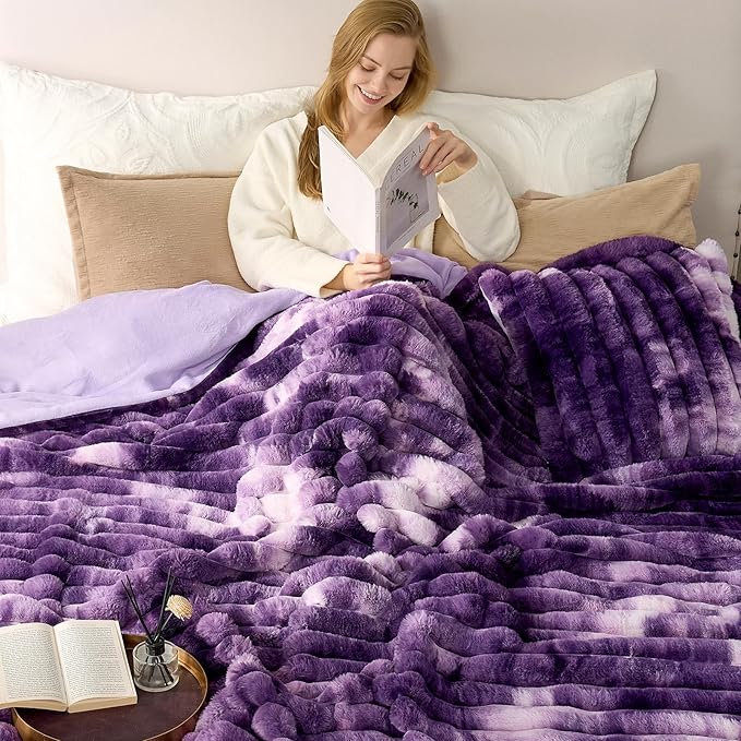 Cozy Bliss Faux Fur Throw Blanket for Couch, Cozy Warm Plush Striped Blanket for Sofa Bedroom Living Room, 108 * 90 Inches Tie-dye Purple