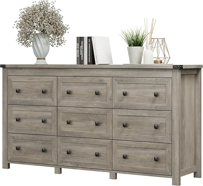 Dresser for Bedroom with 9 Drawers, Farmhouse Wood Chest of Drawers, Wide TV Stand Closet Storage Furniture with Metal Handle, Modern Clothes Organizer for Hallway, Living Room, Entryway, Light Grey