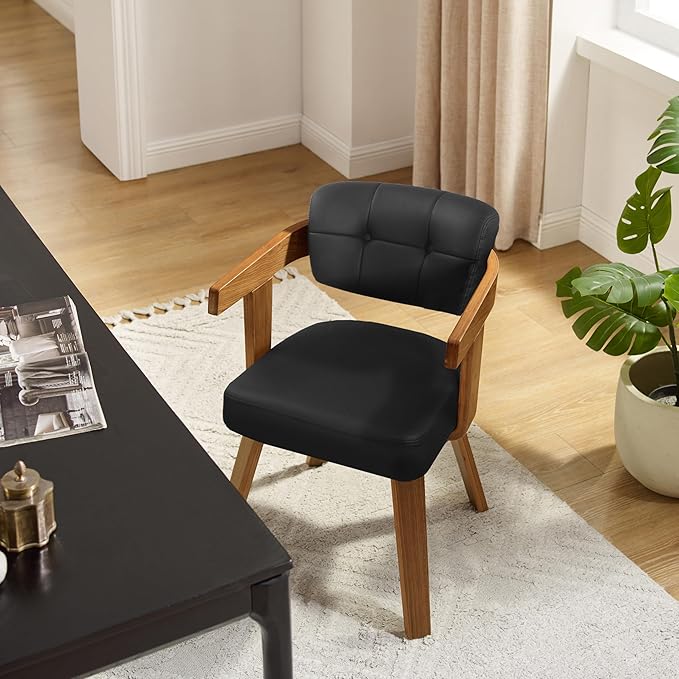 Art Leon Home Office Desk Chair - Mid Century Modern Chair, Faux Leather Office Chair No Wheels, Comfy Accent Arm Chair with Wood Legs for Small Spaces Living Room Bedroom Study, Black/Walnut