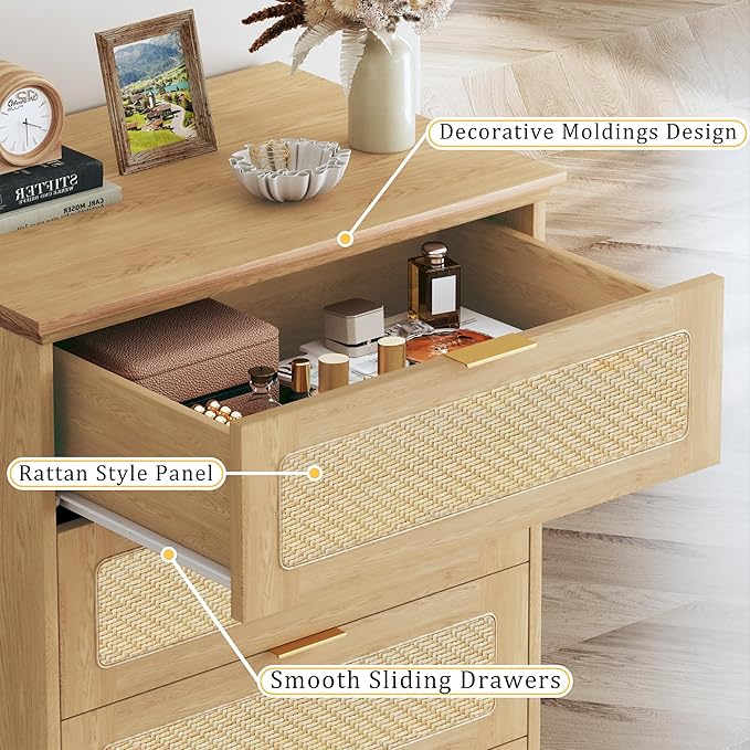 6 Drawer Tall Dresser for Bedroom, 50 Inch Tall Dressers & Rattan Chest of Drawers, Boho Style, Wood Modern Dressers Organizer for Bedroom, Living Room, Hallway, Entryway, Natural Oak