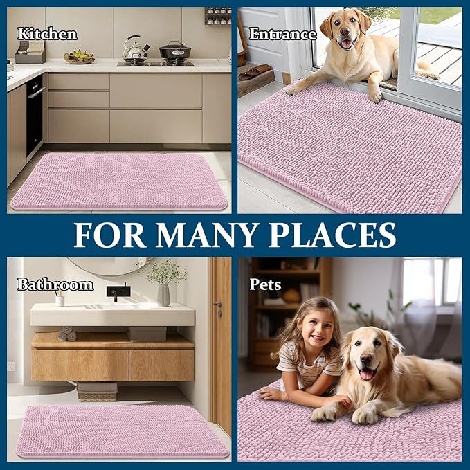 OLANLY Dog Door Mat for Muddy Paws 59x24, Absorbs Moisture and Dirt, Absorbent Non-Slip Washable Doormat, Quick Dry Chenille Mud Mat for Dogs, Entry Indoor Entryway Carpet for Inside Floor, Dusty Rose