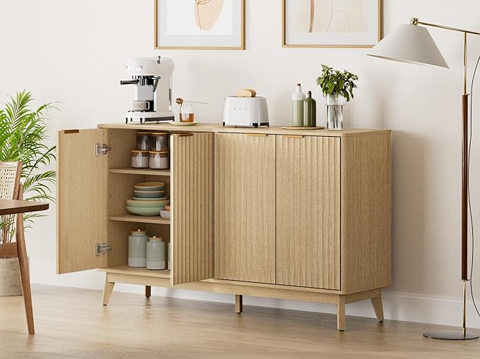 Sideboard Cabinet, 55'' Buffet Cabinet, Modern Fluted Storage Cabinet with Adjustable Shelf & Doors, Accent Credenza Sideboard for Kitchen, Coffee Bar, Living Room, Entryway, Hallway
