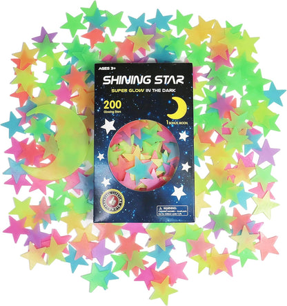 Glow in The Dark Stars and Moon Stickers for Ceiling - 200pcs 3D Luminous Adhesive Stars Create Realistic Starry Sky - Room Decor for Kids Bedroom, Wall Stickers