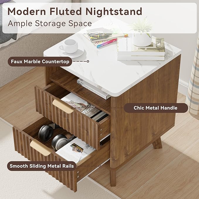 Fluted Nightstand with 2 Drawers, 18" Modern Night Stand with Faux Marble Top, Open Storage Shelf, Curved Edge Bedside Table for Bedroom, End Side Table (2, Walnut)