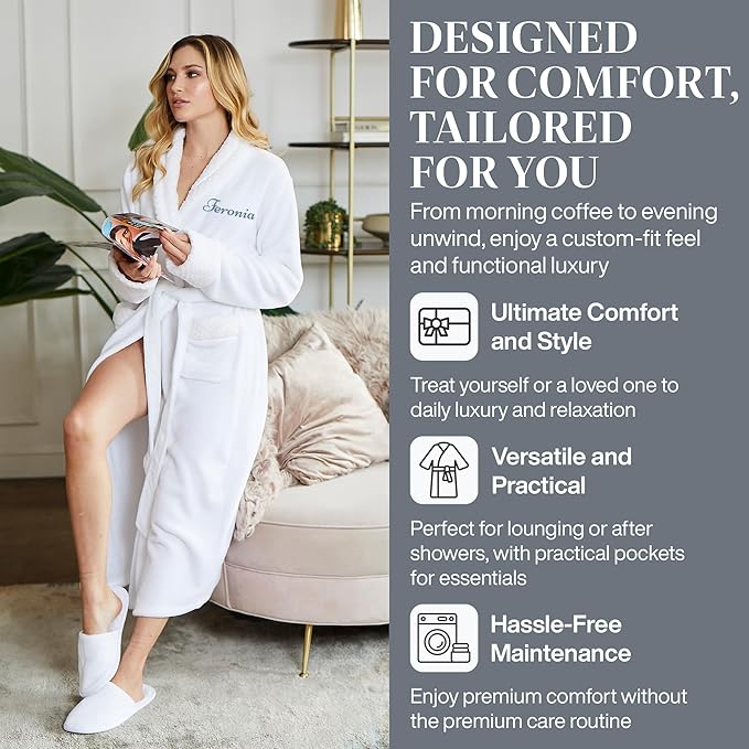Lotus Linen Plush Robes for Women - Soft Bathrobe, Custom Monogram, Warm Fleece Robe with Pockets