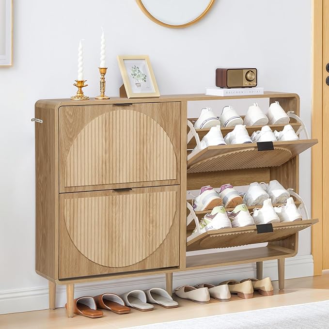 Shoe Storage Cabinet for Entryway, Narrow Shoe Organizer Cabinet, 4 Flip-Down Drawers, Round Fluted Panel, Hidden Wood Slim Shoe Rack for Foyer, Hallway (Natural)