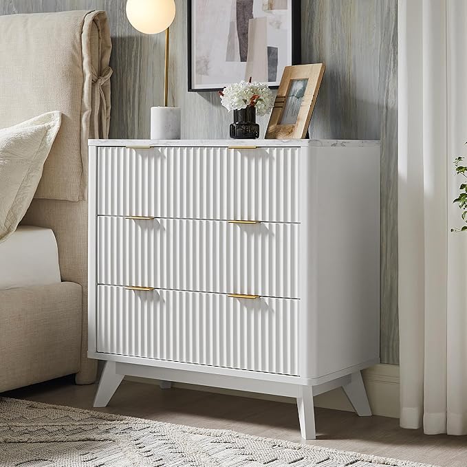 T4TREAM Fluted 3 Drawers Nightstand Set of 2, Oversized Extra Large Modern Side Table with Faux Marble Top, End Table Bedside for Bedroom, Living Room, Curved Profile Design, Solid White