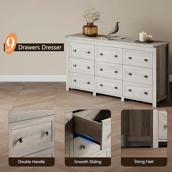 Dresser for Bedroom with 9 Drawers, Farmhouse Wood Chest of Drawers, Wide TV Stand Closet Storage Furniture with Metal Handle, Modern Clothes Organizer for Hallway, Living Room, Entryway, Light Grey