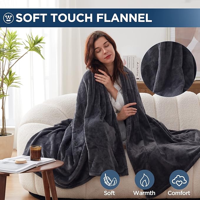 Westinghouse Electric Blanket Twin Size, Super Cozy Soft Flannel 62"" x 84"" Heated Blanket with 10 Fast Heating Levels & 1-12 Auto-Off, Machine Washable, ETL&FCC Certification, Charcoal