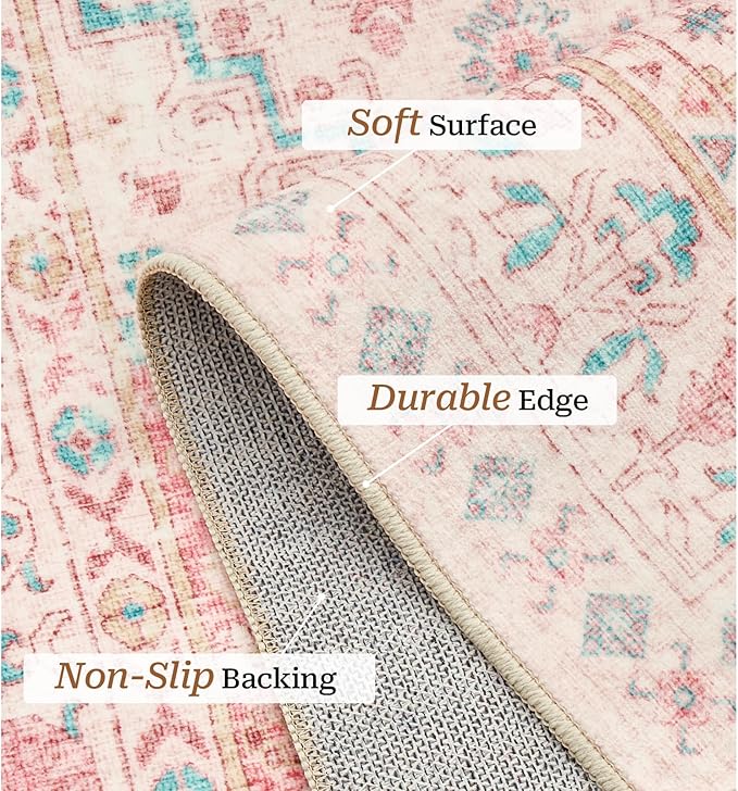 zesthome 10x14 Area Rugs - Large Pink Rugs for Bedroom Girls, Stain Resistant Washable Rugs, Vintage Low Pile Rug, Nursery Room Rug, Pink Room Decor (Pink/Blue,10'x14')