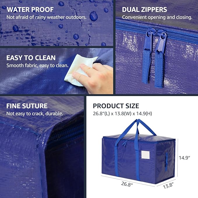 Moving Bags Heavy Duty Extra Large, Moving Boxes, Moving Supplies Essentials, Blue Storage Bins with Lids, Plastic Packing Totes, Storage Bags for Clothes with Handles & Zippers(Blue, 12 Pack)