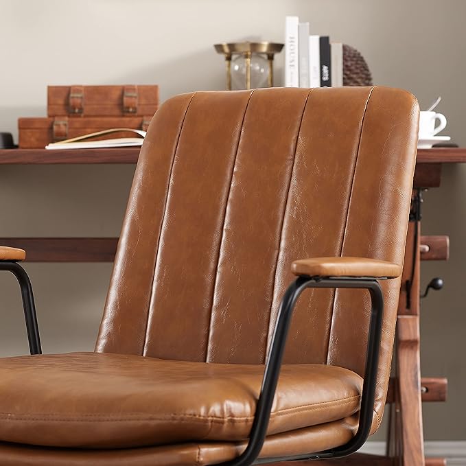 Art Leon Mid Century Modern Chair, Oak Legs Swivel Accent Chair No Wheels, Faux Leather Armchair for Small Spaces Home Office Living Room Bedroom, Yellow Brown