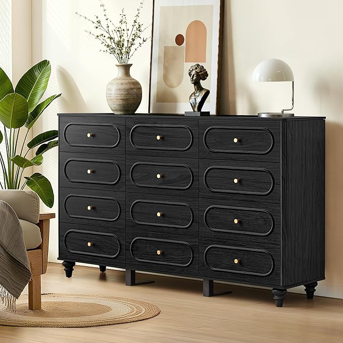 12 Drawer Fluted Dresser for Bedroom, Mid Century Modern Chest of Drawers, Wood Storage Small Dresser Organizer for Bedroom Living Room Hallway Closet, Black