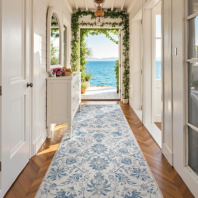 jinchan Torino Runner Rugs 3x10, Vintage-Inspired Floral Design Machine Washable Non-Slip Ultra-Thin Low-Pile Rubber Backing Traditional Rug for Kitchen Hallway Laundry Room Entryway Dark Blue