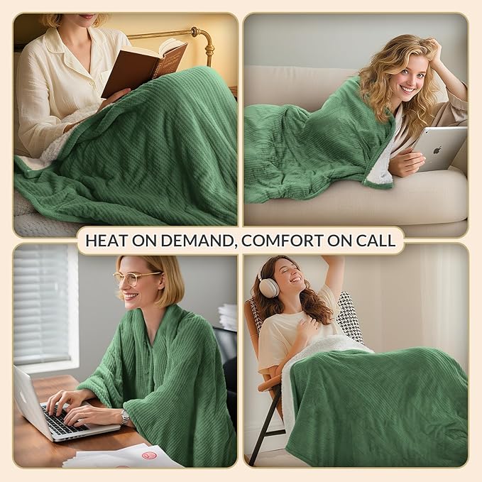 HOMLYNS LuxeHeat Heated Blanket Throw, Soft Flannel Sherpa, Electric Blanket 5 Heat Settings, Fast Heating, Heating Throw Blanket 3 Hours Timer Auto Shut Off, Machine Washable, 50×60 Inches, Green