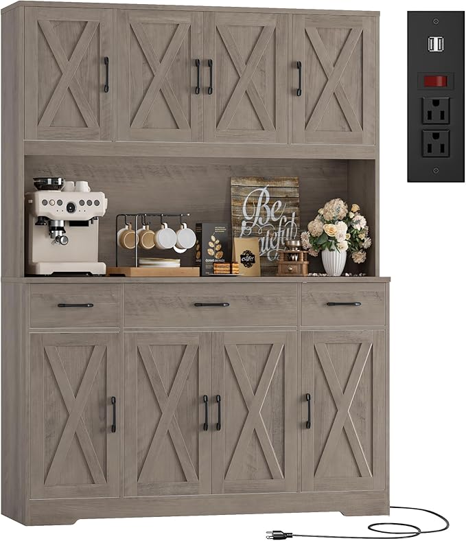 HOSTACK 71" Tall Kitchen Pantry Storage Cabinet with Charging Station, 55" Wide Kitchen Hutch Cabinet with Large Countertop, Farmhouse Food Pantry with Drawers for Living Room (Ash Grey)