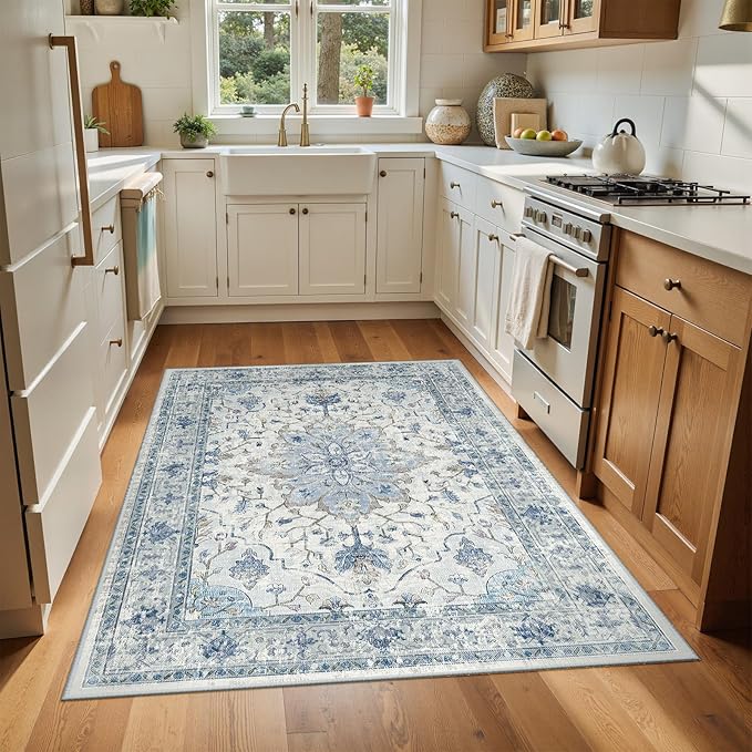 Area Rugs 4'x6' Washable Non-Slip, Floral Vintage Distress Print Pattern Medallion Carpet for Living Room Bedroom Dining Room, Light Blue Navy Beige Gray White