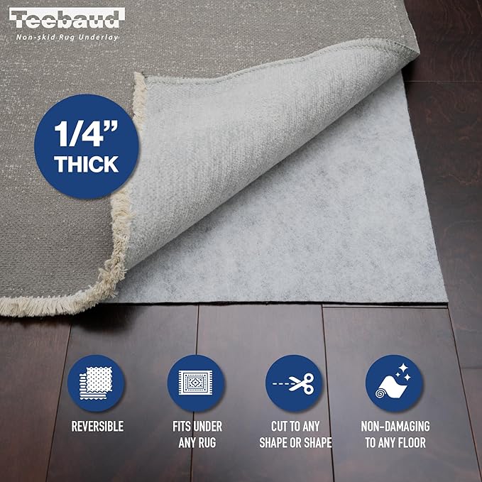 4' x 6' Non-Slip Rug Pad, Reversible Gripper, Non Skid Pads for Hardwood, Vinyl, Tile, Laminate Floors, Keep Area Rugs Secure, Natural Materials Safe for Indoor Flooring, ¼” Thick
