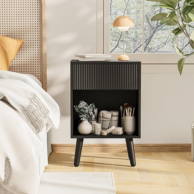 Nightstand, Modern Bedside Table with Storage Drawers and Open Wood Shelf, Night Stand with Solid Wood Legs, End Tables Side Tables for Living Room, Bedroom Black