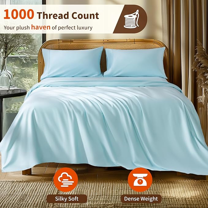 LBRO2M 1000 Thread Count 100% Egyptian Cotton Sheets Set Twin XL, 3 Piece Sets Bed Sheet Deep Pocket Sheet Set 16" Soft Comfortable All Season (Twin XL, Light Blue)