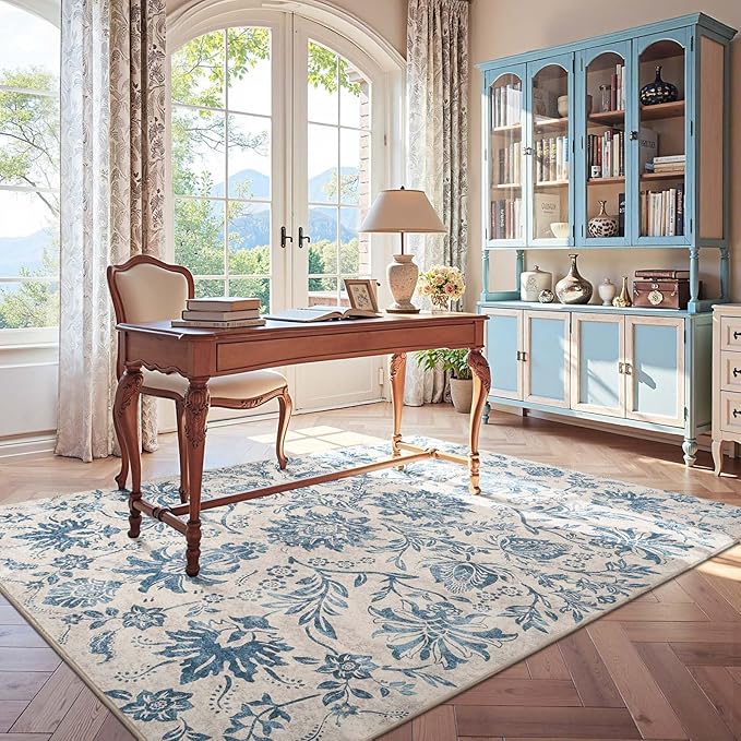 jinchan Torino Floral 5x7 Area Rugs, Vintage-Inspired Design Accent Rug, Machine Washable Ultra-Thin Low-Pile Non-Slip Traditional Carpet for Living Room Bedroom Dining Room Home Office, Turquoise